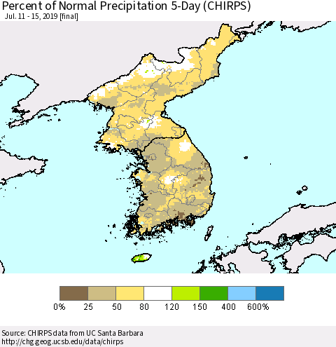 Korea Percent of Normal Precipitation 5-Day (CHIRPS) Thematic Map For 7/11/2019 - 7/15/2019