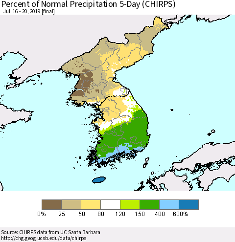Korea Percent of Normal Precipitation 5-Day (CHIRPS) Thematic Map For 7/16/2019 - 7/20/2019