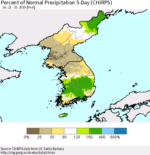 Korea Percent of Normal Precipitation 5-Day (CHIRPS) Thematic Map For 7/21/2019 - 7/25/2019