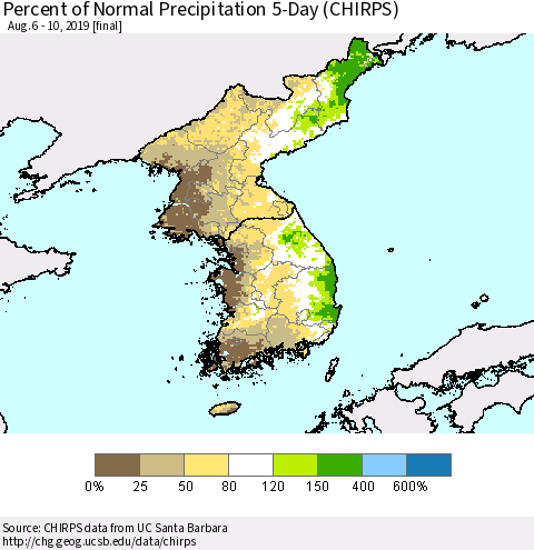 Korea Percent of Normal Precipitation 5-Day (CHIRPS) Thematic Map For 8/6/2019 - 8/10/2019