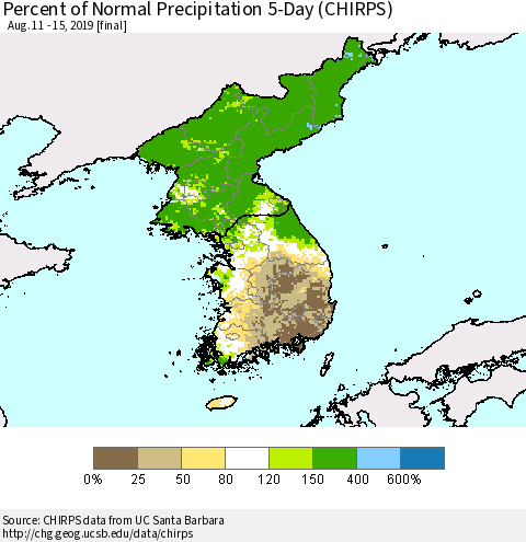 Korea Percent of Normal Precipitation 5-Day (CHIRPS) Thematic Map For 8/11/2019 - 8/15/2019