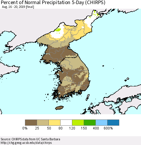 Korea Percent of Normal Precipitation 5-Day (CHIRPS) Thematic Map For 8/16/2019 - 8/20/2019