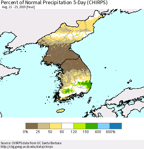 Korea Percent of Normal Precipitation 5-Day (CHIRPS) Thematic Map For 8/21/2019 - 8/25/2019