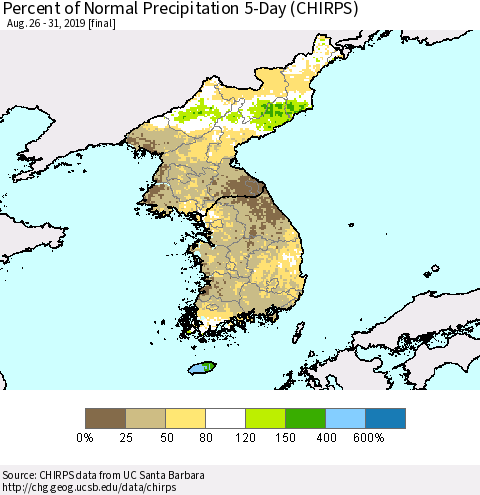 Korea Percent of Normal Precipitation 5-Day (CHIRPS) Thematic Map For 8/26/2019 - 8/31/2019