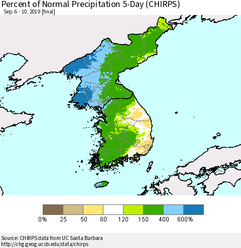 Korea Percent of Normal Precipitation 5-Day (CHIRPS) Thematic Map For 9/6/2019 - 9/10/2019