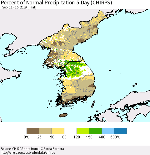 Korea Percent of Normal Precipitation 5-Day (CHIRPS) Thematic Map For 9/11/2019 - 9/15/2019