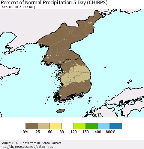 Korea Percent of Normal Precipitation 5-Day (CHIRPS) Thematic Map For 9/16/2019 - 9/20/2019