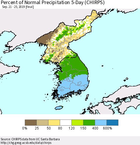 Korea Percent of Normal Precipitation 5-Day (CHIRPS) Thematic Map For 9/21/2019 - 9/25/2019