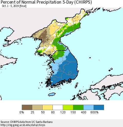 Korea Percent of Normal Precipitation 5-Day (CHIRPS) Thematic Map For 10/1/2019 - 10/5/2019