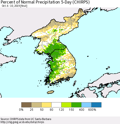 Korea Percent of Normal Precipitation 5-Day (CHIRPS) Thematic Map For 10/6/2019 - 10/10/2019