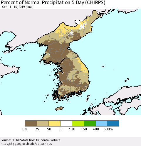 Korea Percent of Normal Precipitation 5-Day (CHIRPS) Thematic Map For 10/11/2019 - 10/15/2019