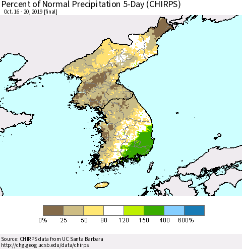 Korea Percent of Normal Precipitation 5-Day (CHIRPS) Thematic Map For 10/16/2019 - 10/20/2019
