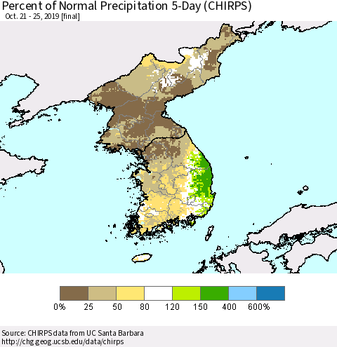 Korea Percent of Normal Precipitation 5-Day (CHIRPS) Thematic Map For 10/21/2019 - 10/25/2019