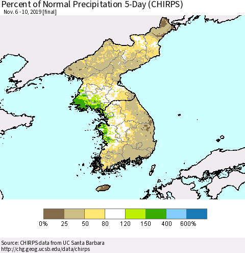 Korea Percent of Normal Precipitation 5-Day (CHIRPS) Thematic Map For 11/6/2019 - 11/10/2019