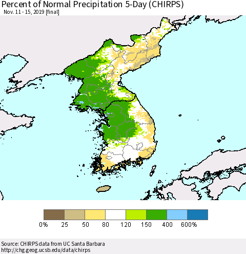 Korea Percent of Normal Precipitation 5-Day (CHIRPS) Thematic Map For 11/11/2019 - 11/15/2019