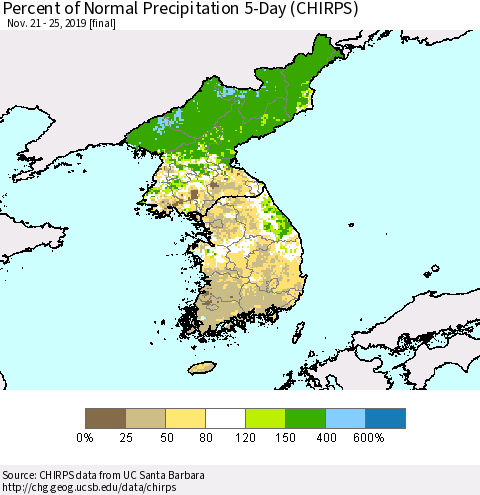 Korea Percent of Normal Precipitation 5-Day (CHIRPS) Thematic Map For 11/21/2019 - 11/25/2019