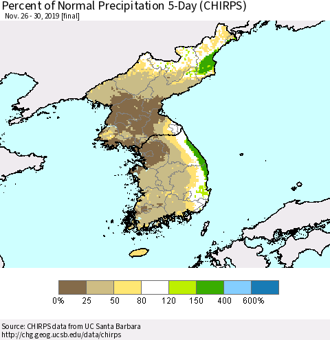 Korea Percent of Normal Precipitation 5-Day (CHIRPS) Thematic Map For 11/26/2019 - 11/30/2019