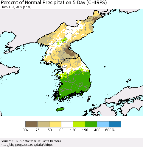 Korea Percent of Normal Precipitation 5-Day (CHIRPS) Thematic Map For 12/1/2019 - 12/5/2019