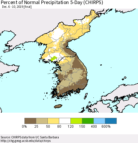 Korea Percent of Normal Precipitation 5-Day (CHIRPS) Thematic Map For 12/6/2019 - 12/10/2019