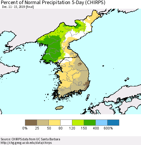 Korea Percent of Normal Precipitation 5-Day (CHIRPS) Thematic Map For 12/11/2019 - 12/15/2019