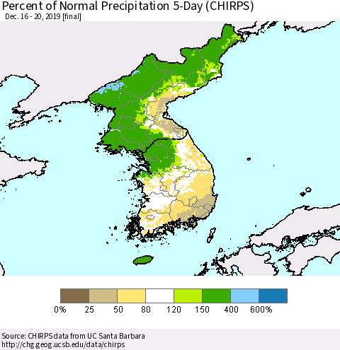 Korea Percent of Normal Precipitation 5-Day (CHIRPS) Thematic Map For 12/16/2019 - 12/20/2019