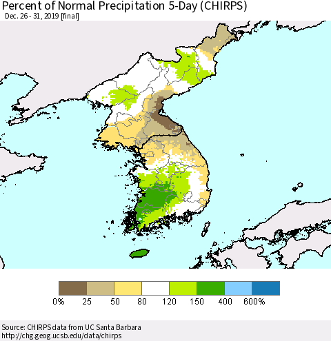Korea Percent of Normal Precipitation 5-Day (CHIRPS) Thematic Map For 12/26/2019 - 12/31/2019