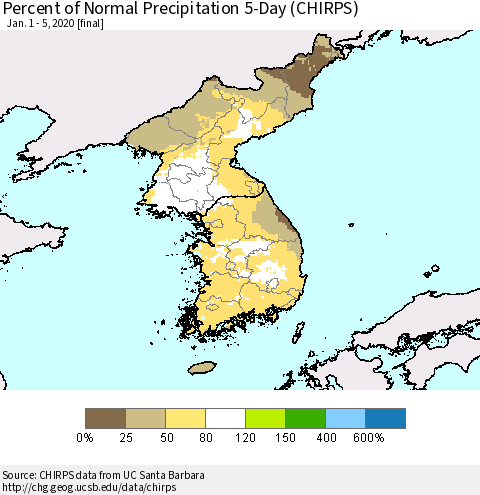 Korea Percent of Normal Precipitation 5-Day (CHIRPS) Thematic Map For 1/1/2020 - 1/5/2020