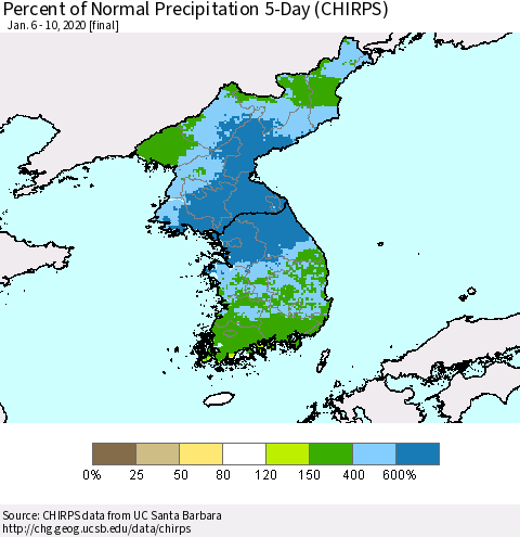 Korea Percent of Normal Precipitation 5-Day (CHIRPS) Thematic Map For 1/6/2020 - 1/10/2020