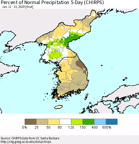 Korea Percent of Normal Precipitation 5-Day (CHIRPS) Thematic Map For 1/11/2020 - 1/15/2020