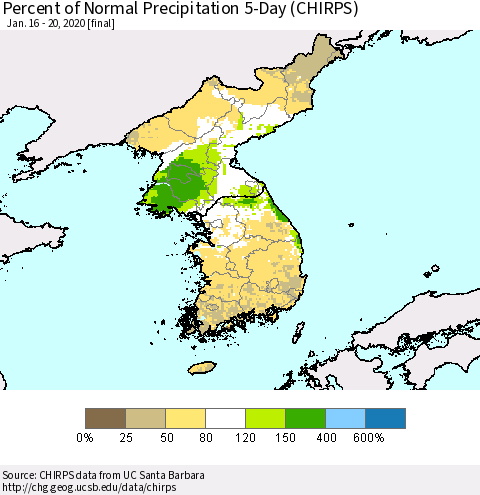 Korea Percent of Normal Precipitation 5-Day (CHIRPS) Thematic Map For 1/16/2020 - 1/20/2020
