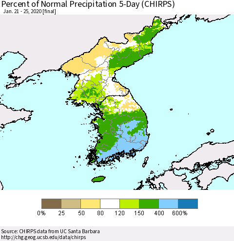 Korea Percent of Normal Precipitation 5-Day (CHIRPS) Thematic Map For 1/21/2020 - 1/25/2020