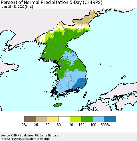 Korea Percent of Normal Precipitation 5-Day (CHIRPS) Thematic Map For 1/26/2020 - 1/31/2020