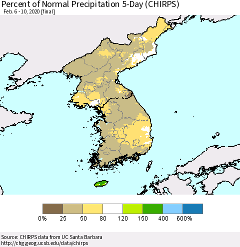 Korea Percent of Normal Precipitation 5-Day (CHIRPS) Thematic Map For 2/6/2020 - 2/10/2020