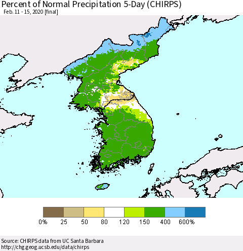 Korea Percent of Normal Precipitation 5-Day (CHIRPS) Thematic Map For 2/11/2020 - 2/15/2020