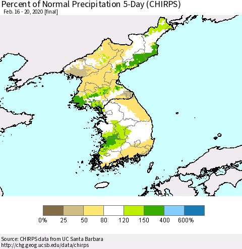 Korea Percent of Normal Precipitation 5-Day (CHIRPS) Thematic Map For 2/16/2020 - 2/20/2020
