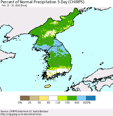 Korea Percent of Normal Precipitation 5-Day (CHIRPS) Thematic Map For 2/21/2020 - 2/25/2020