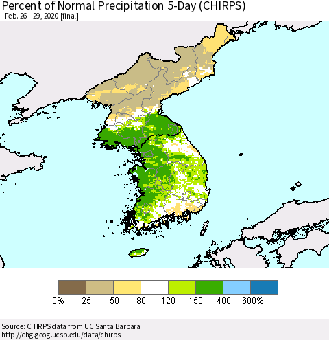 Korea Percent of Normal Precipitation 5-Day (CHIRPS) Thematic Map For 2/26/2020 - 2/29/2020