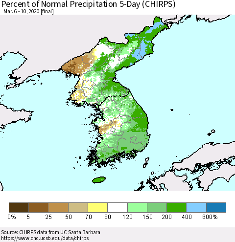 Korea Percent of Normal Precipitation 5-Day (CHIRPS) Thematic Map For 3/6/2020 - 3/10/2020