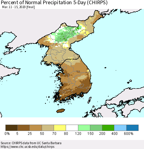 Korea Percent of Normal Precipitation 5-Day (CHIRPS) Thematic Map For 3/11/2020 - 3/15/2020