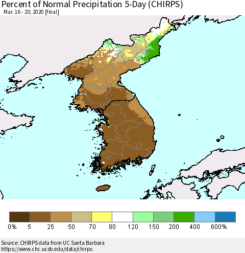 Korea Percent of Normal Precipitation 5-Day (CHIRPS) Thematic Map For 3/16/2020 - 3/20/2020