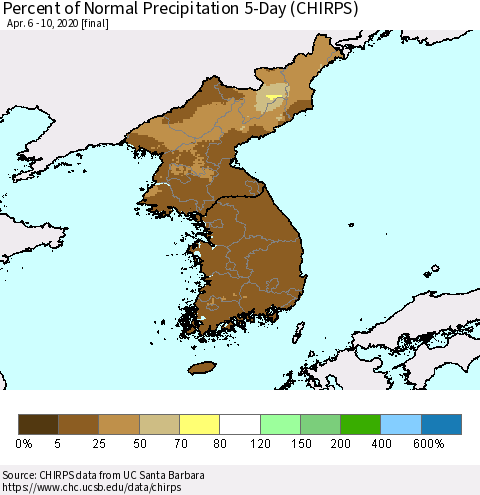 Korea Percent of Normal Precipitation 5-Day (CHIRPS) Thematic Map For 4/6/2020 - 4/10/2020