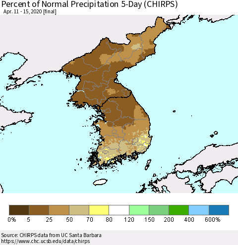 Korea Percent of Normal Precipitation 5-Day (CHIRPS) Thematic Map For 4/11/2020 - 4/15/2020
