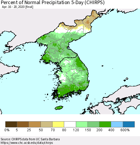 Korea Percent of Normal Precipitation 5-Day (CHIRPS) Thematic Map For 4/16/2020 - 4/20/2020