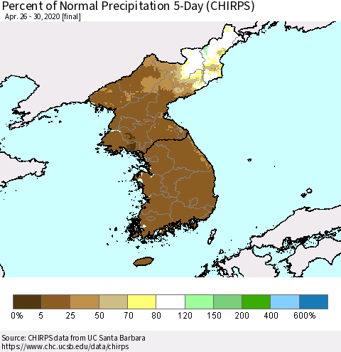 Korea Percent of Normal Precipitation 5-Day (CHIRPS) Thematic Map For 4/26/2020 - 4/30/2020
