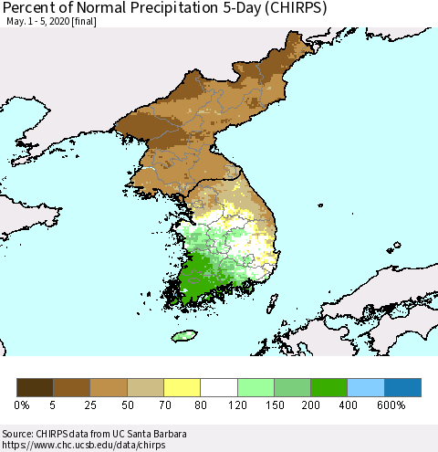 Korea Percent of Normal Precipitation 5-Day (CHIRPS) Thematic Map For 5/1/2020 - 5/5/2020