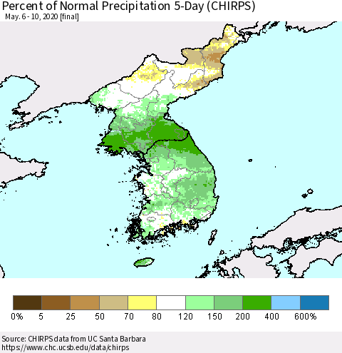 Korea Percent of Normal Precipitation 5-Day (CHIRPS) Thematic Map For 5/6/2020 - 5/10/2020