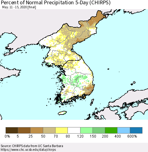 Korea Percent of Normal Precipitation 5-Day (CHIRPS) Thematic Map For 5/11/2020 - 5/15/2020