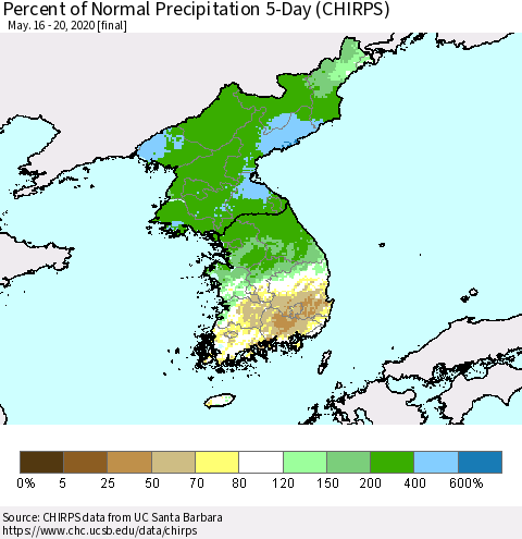 Korea Percent of Normal Precipitation 5-Day (CHIRPS) Thematic Map For 5/16/2020 - 5/20/2020