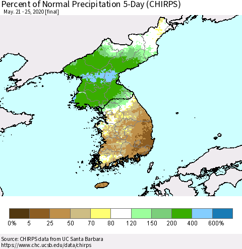 Korea Percent of Normal Precipitation 5-Day (CHIRPS) Thematic Map For 5/21/2020 - 5/25/2020