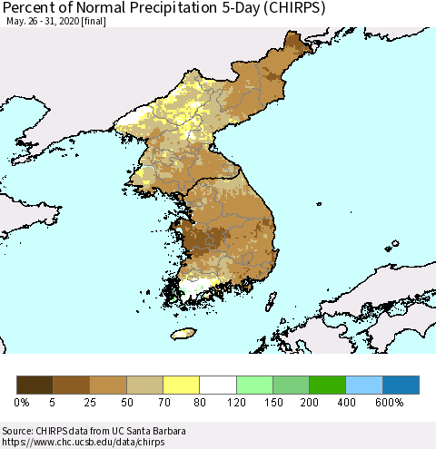 Korea Percent of Normal Precipitation 5-Day (CHIRPS) Thematic Map For 5/26/2020 - 5/31/2020